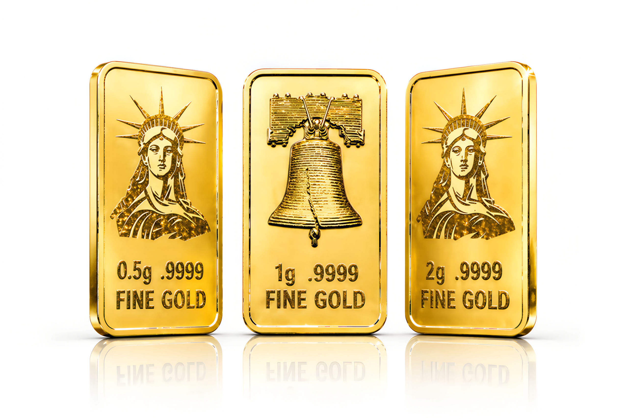 Commemorative gold ingots: 0.5 gram, 1 gram, and 2 gram .9999 fine gold in display cases