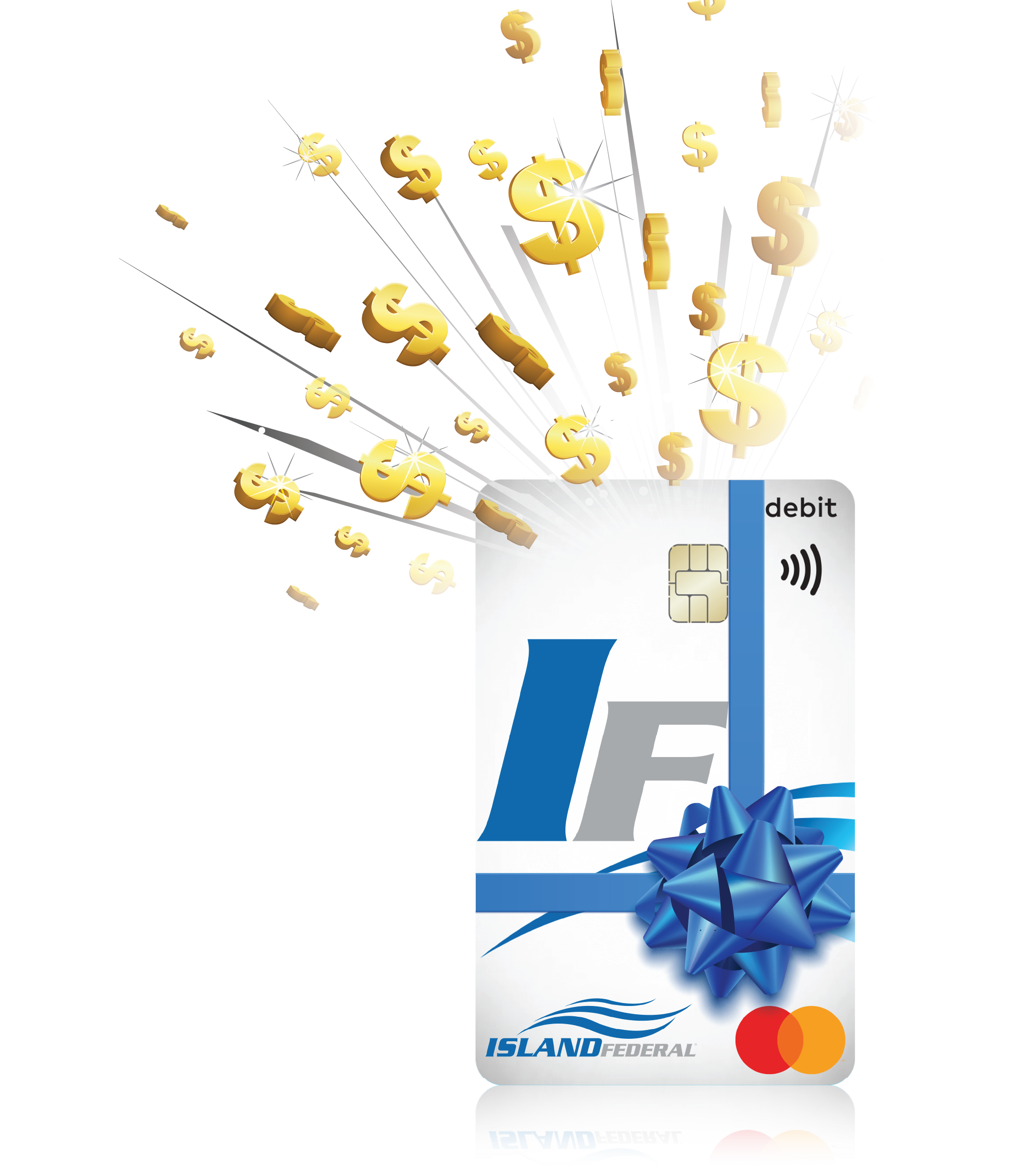 Island Federal Debit Mastercard wrapped with a blue gift bow and cash rewards artwork